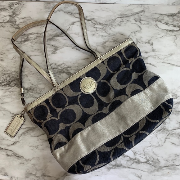 Coach Handbags - Coach signature stripe tote denim & silver canvas